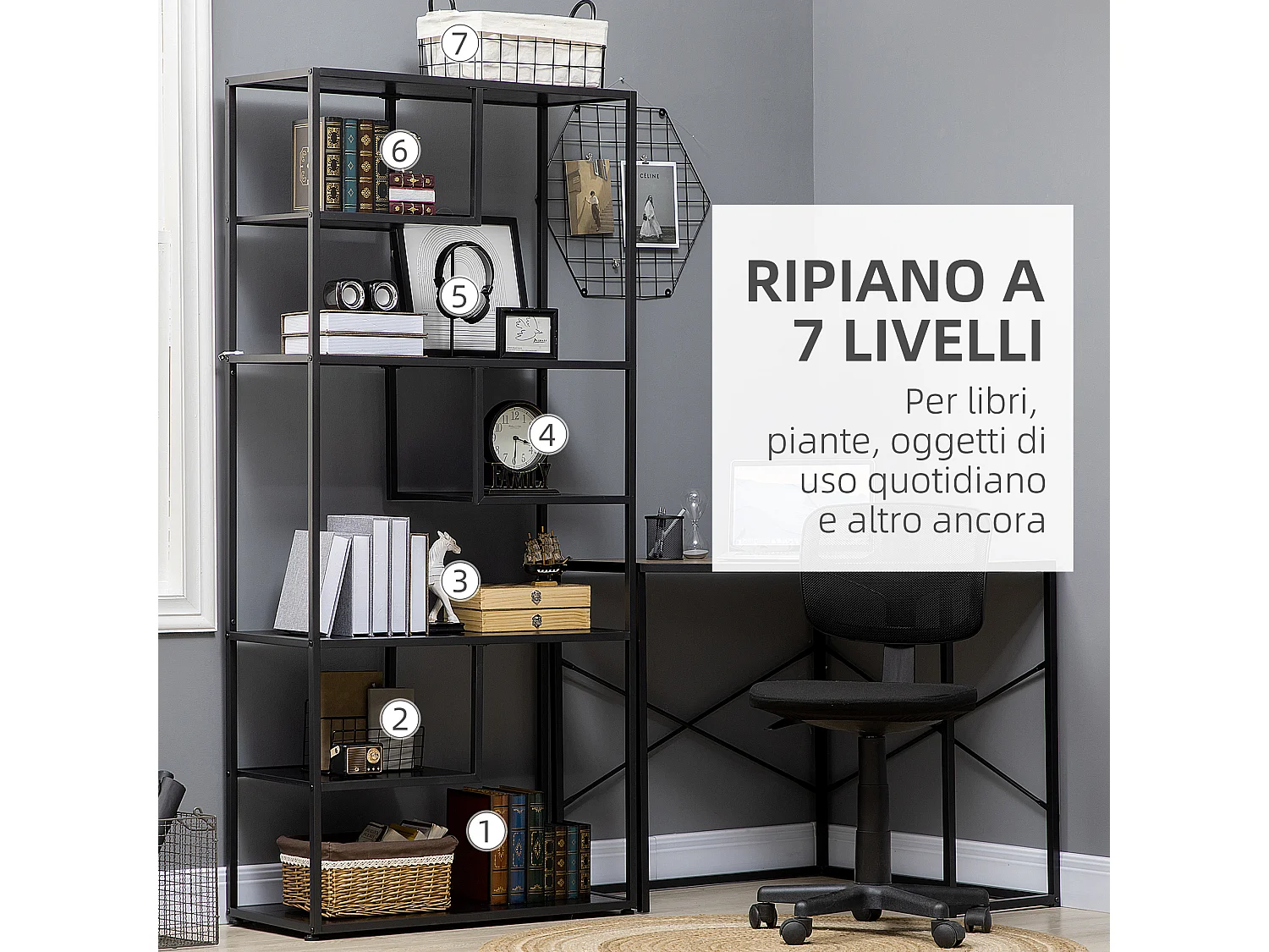 Mobile libreria portaoggetti a 3 livelli e 8 ripiani in mdf bianco