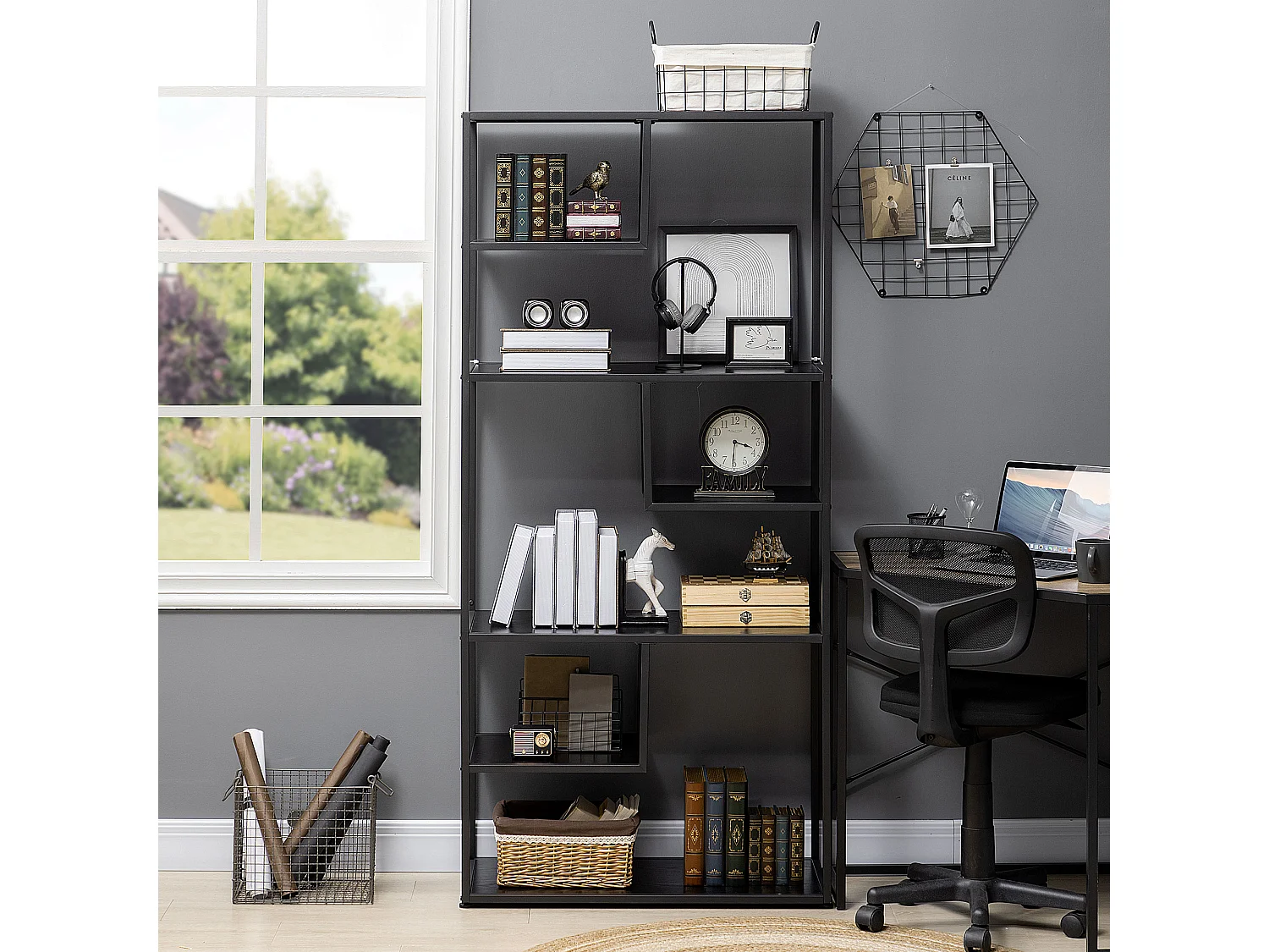 Mobile libreria portaoggetti a 3 livelli e 8 ripiani in mdf bianco