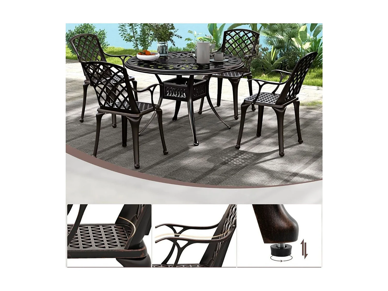 Lot de 2 Chaises de Terrasse en Fonte d'Aluminium Fauteuil d'Extérieur Robuste avec Siège Incurvé Ergonomique Repose-pieds Réglables