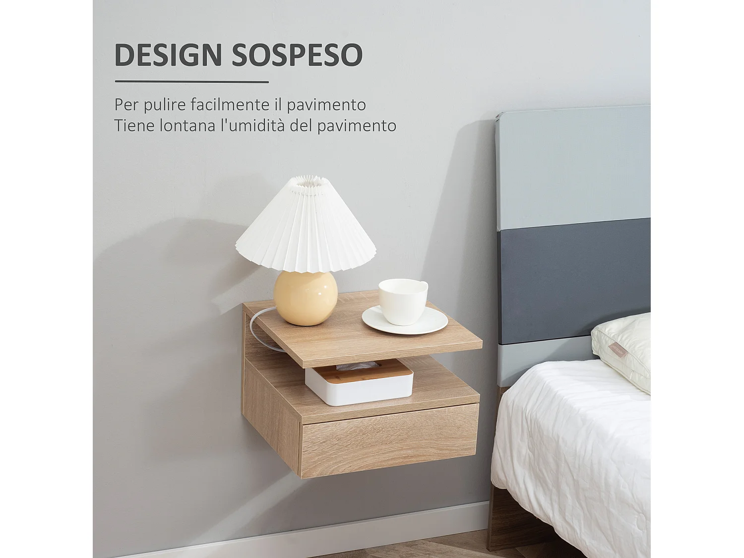 Set 2 comodini sospesi con cassetto e ripiano in legno rovere