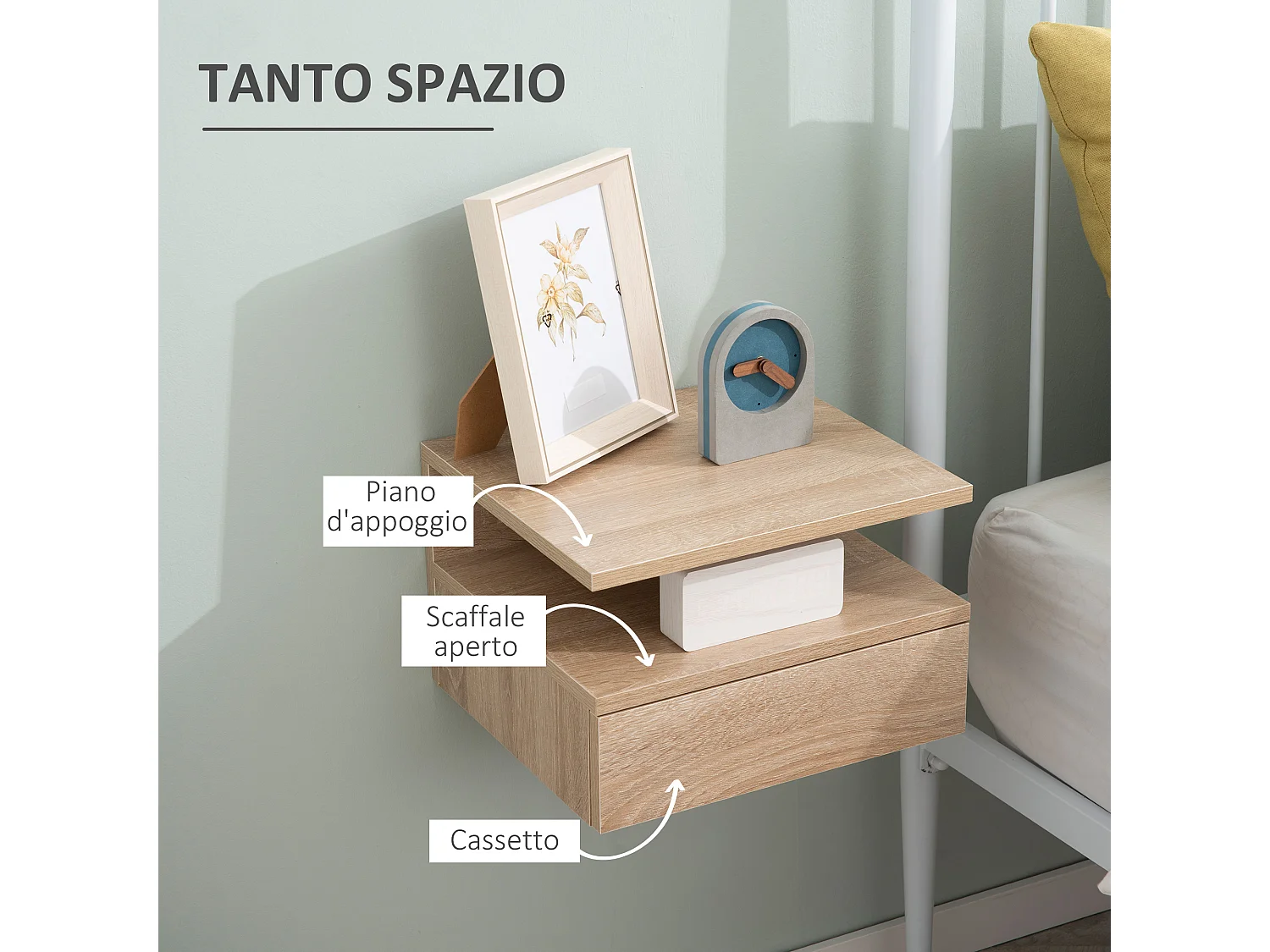Set 2 comodini sospesi con cassetto e ripiano in legno rovere