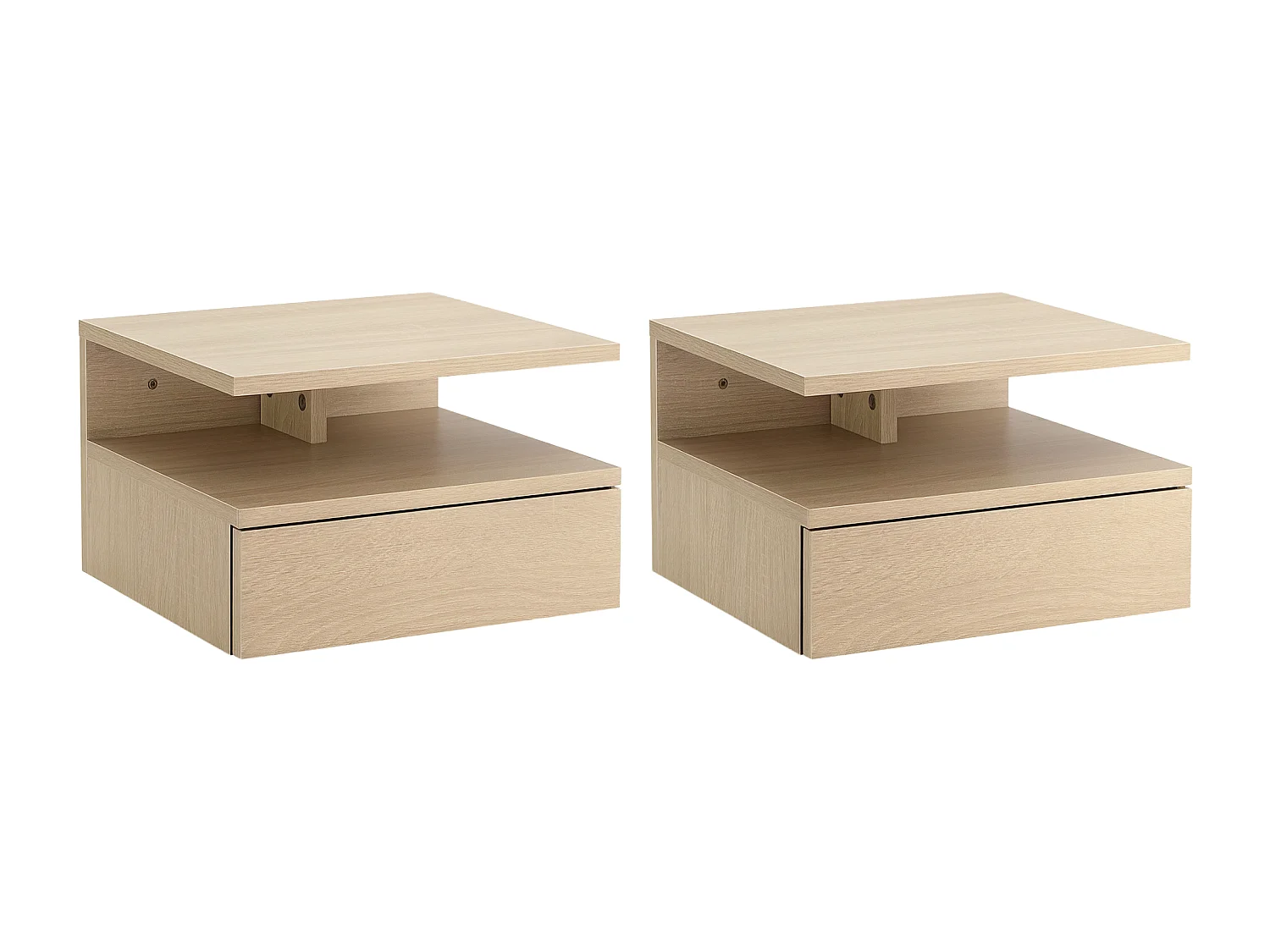 Set 2 comodini sospesi con cassetto e ripiano in legno rovere