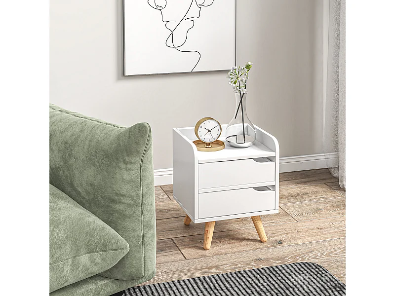 Comodino moderno con 2 cassetti e piedini in legno bianco