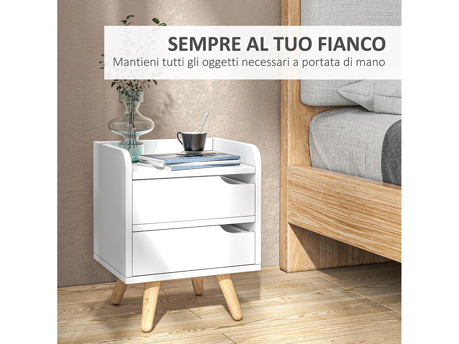 Comodino moderno con 2 cassetti e piedini in legno bianco