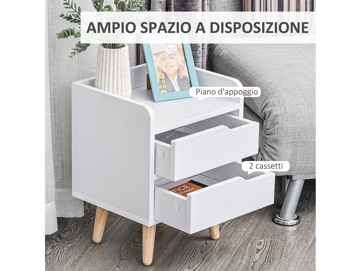 Comodino moderno con 2 cassetti e piedini in legno bianco