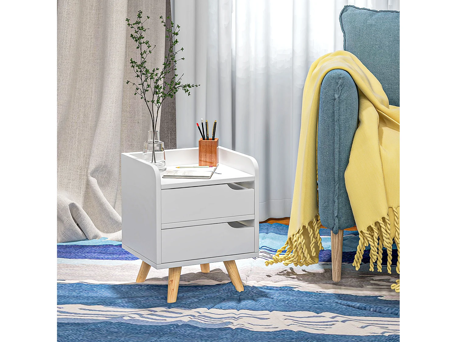 Comodino moderno con 2 cassetti e piedini in legno bianco