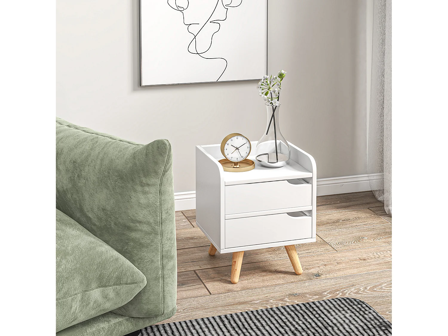 Comodino moderno con 2 cassetti e piedini in legno bianco