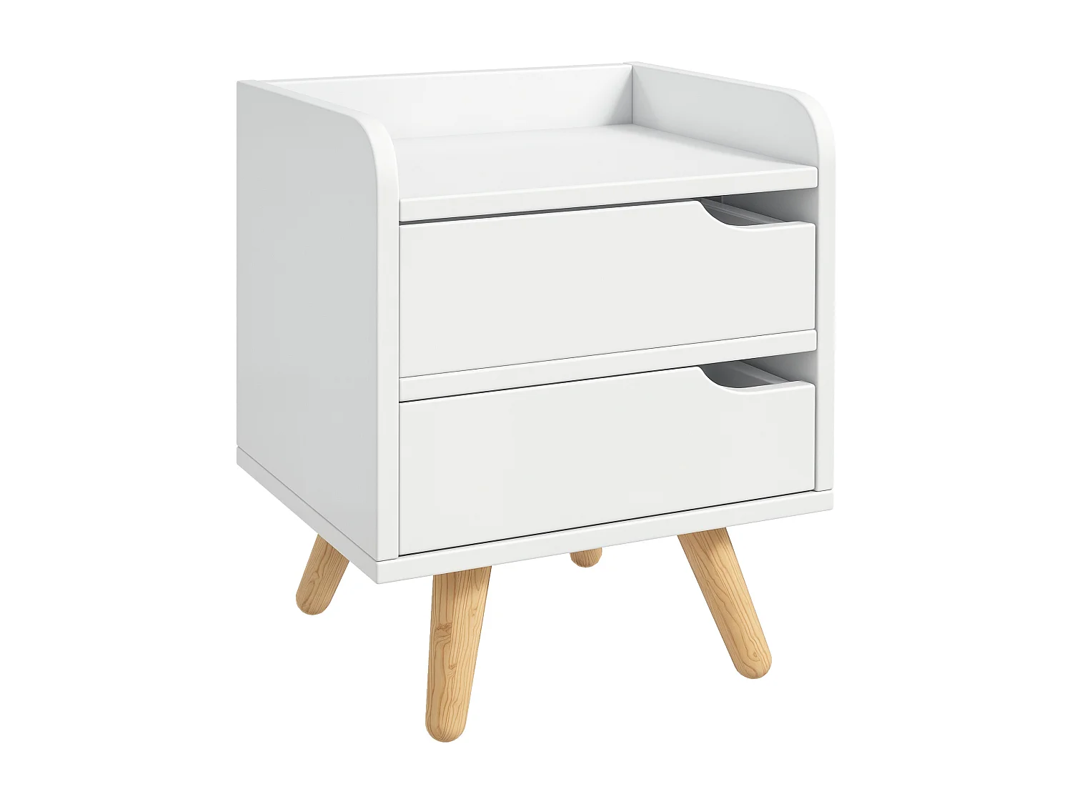 Comodino moderno con 2 cassetti e piedini in legno bianco