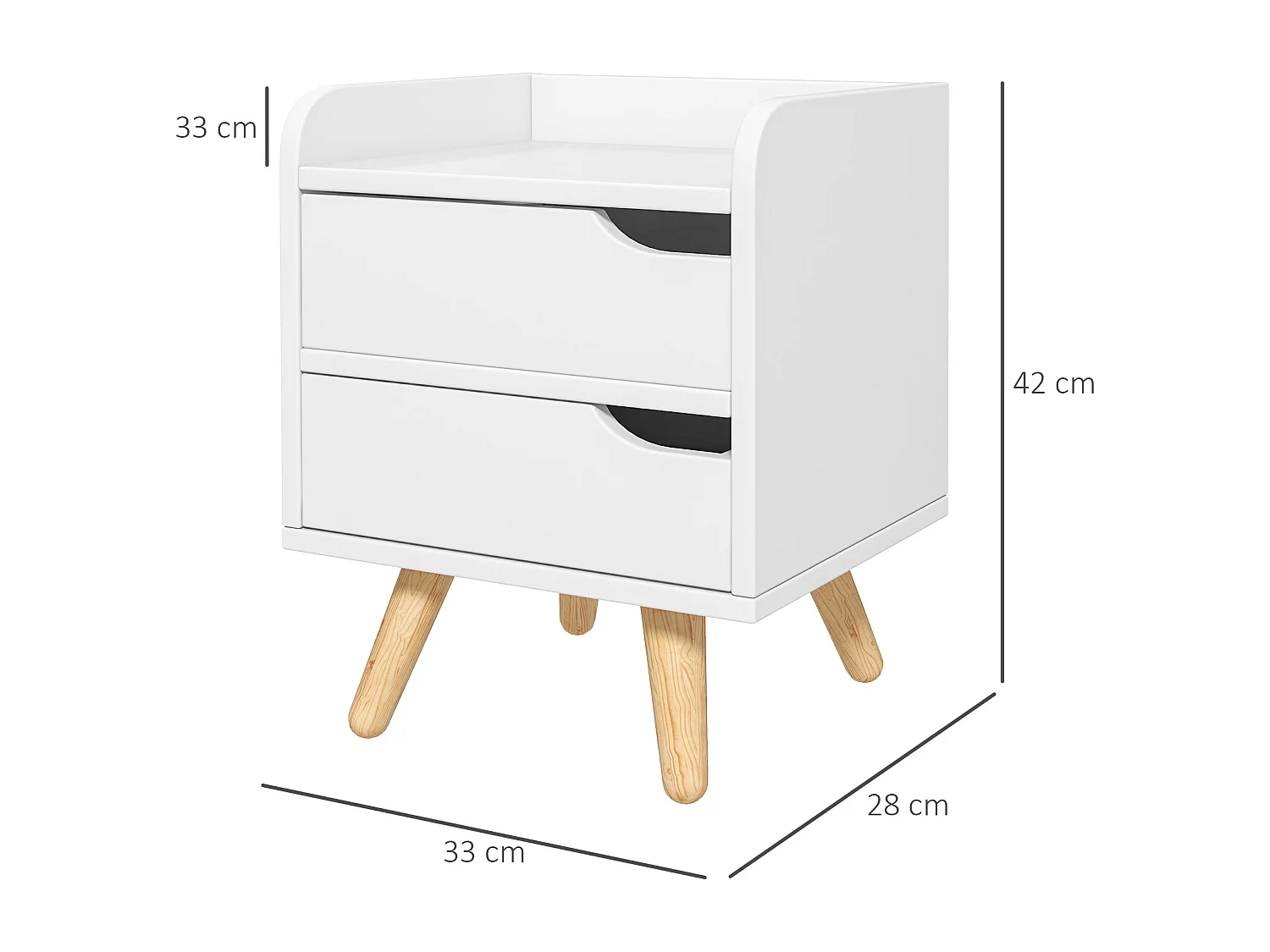 Comodino moderno con 2 cassetti e piedini in legno bianco