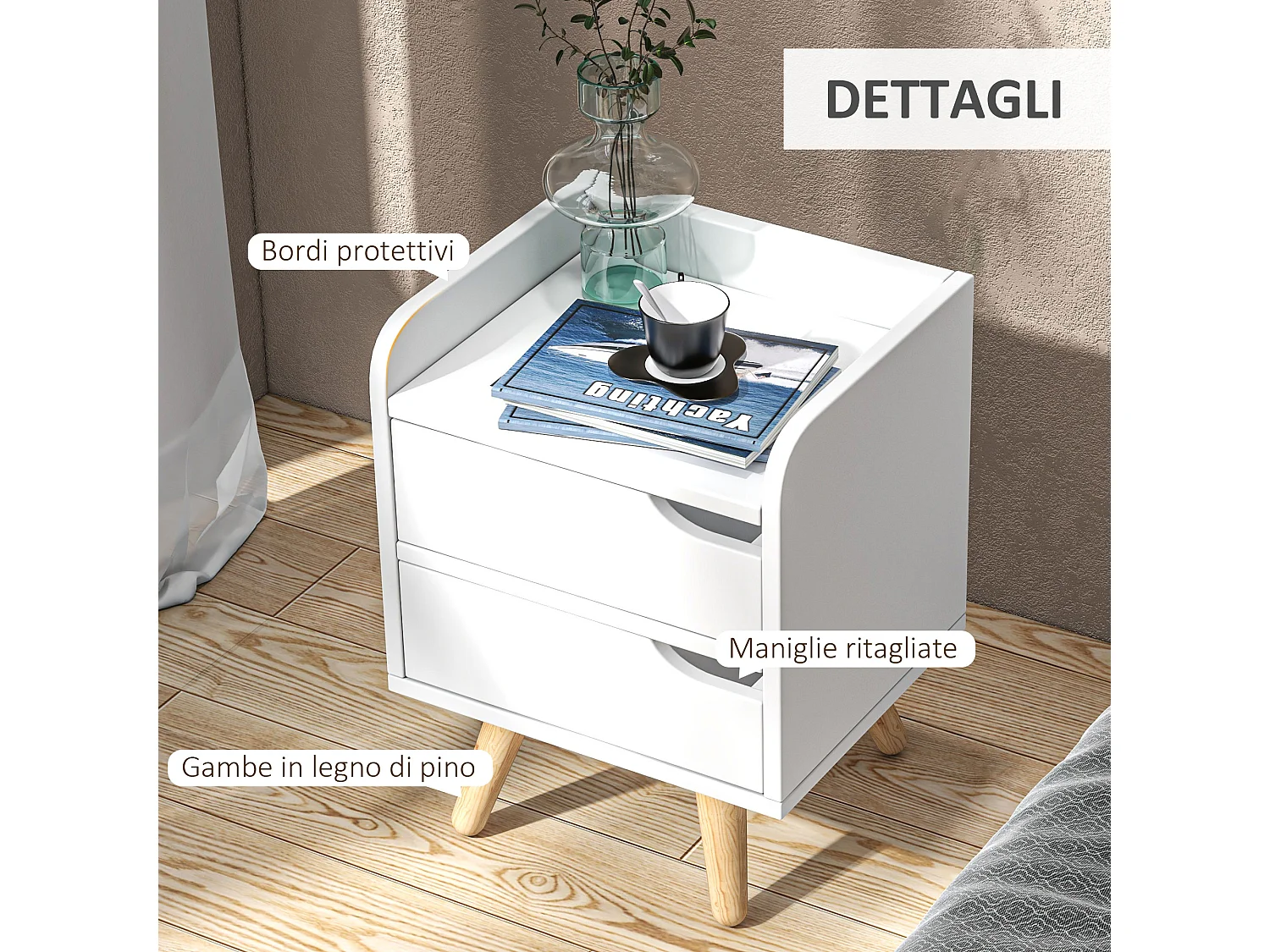 Comodino moderno con 2 cassetti e piedini in legno bianco