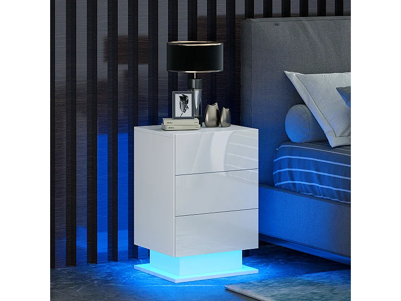 Comodino a led con telecomando e 3 cassetti bianco lucido