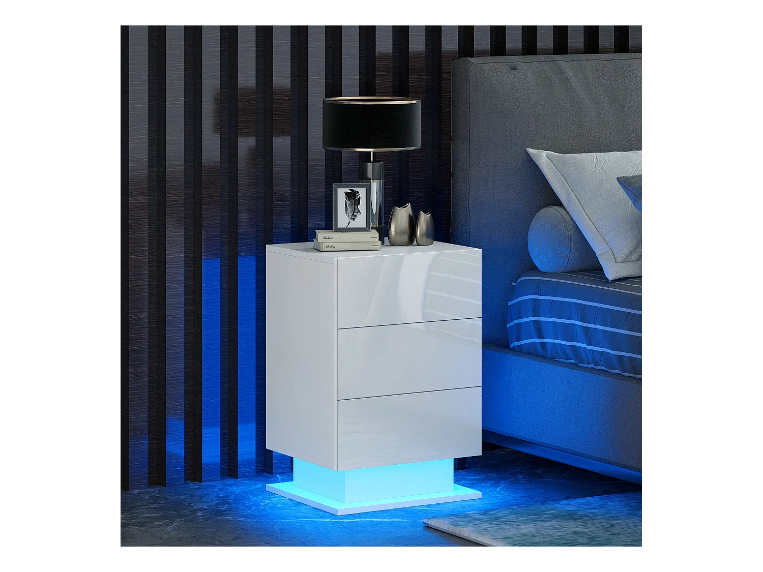 Comodino a led con telecomando e 3 cassetti bianco lucido