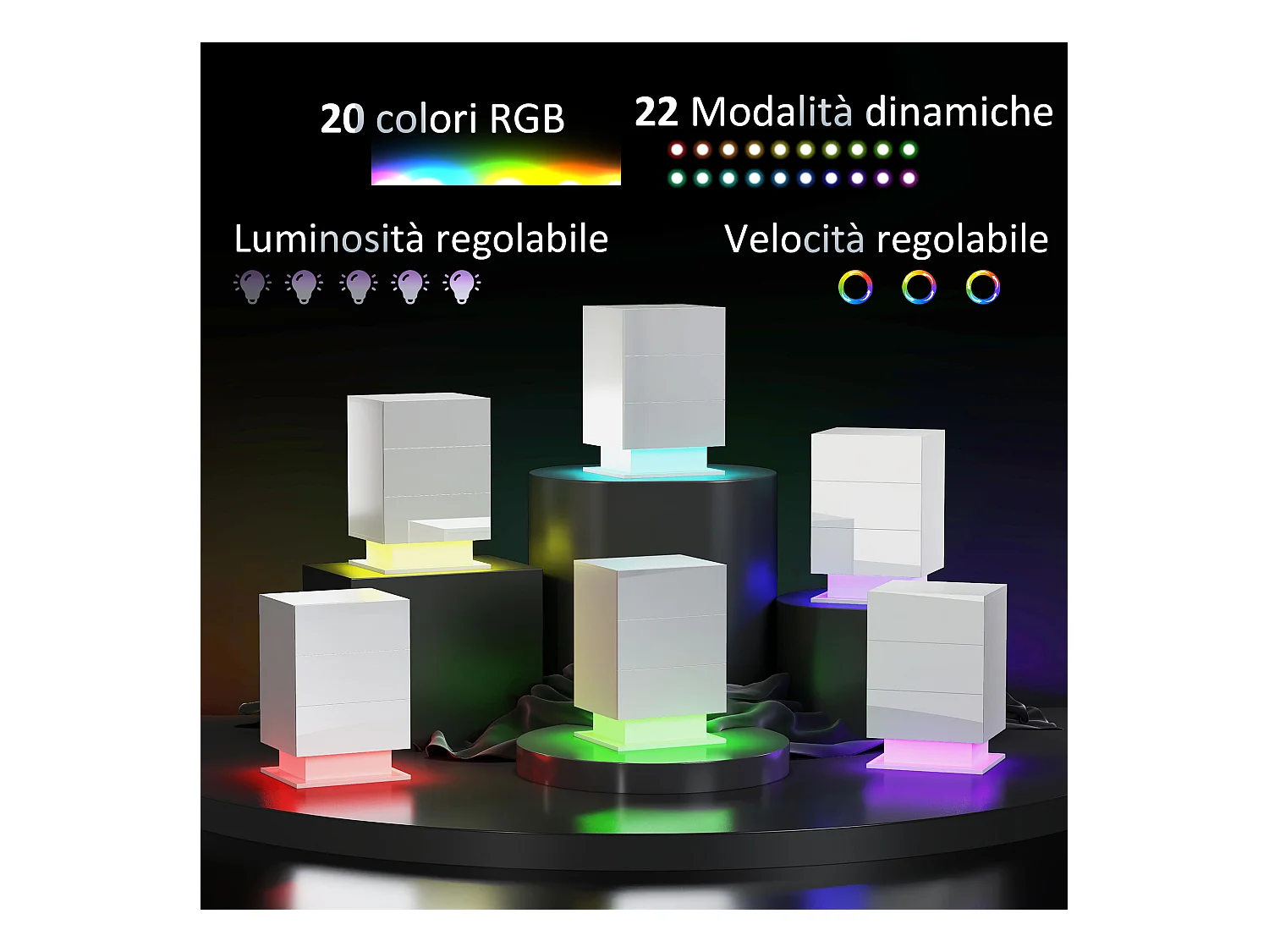 Comodino a led con telecomando e 3 cassetti bianco lucido