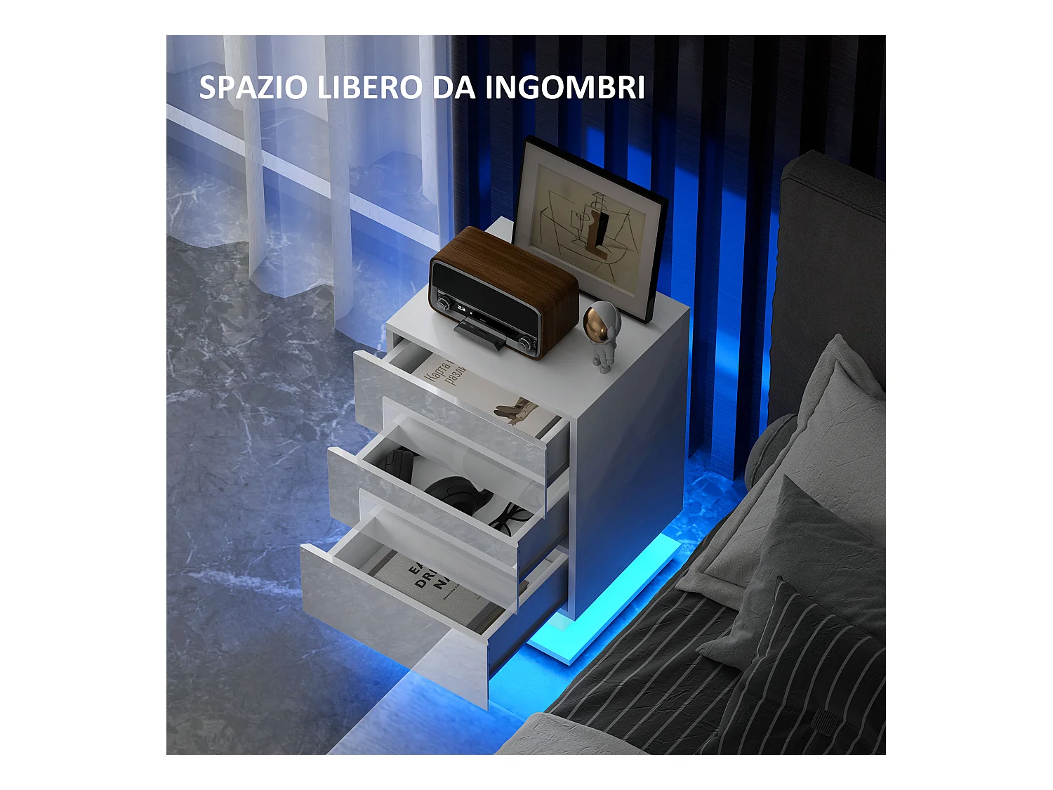 Comodino a led con telecomando e 3 cassetti bianco lucido