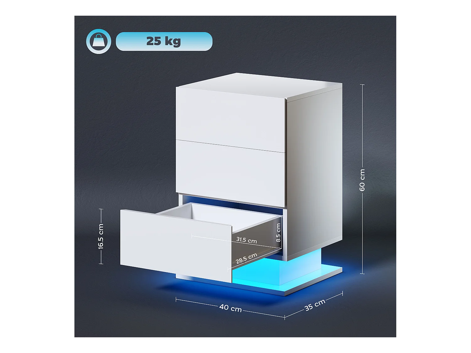 Comodino a led con telecomando e 3 cassetti bianco lucido