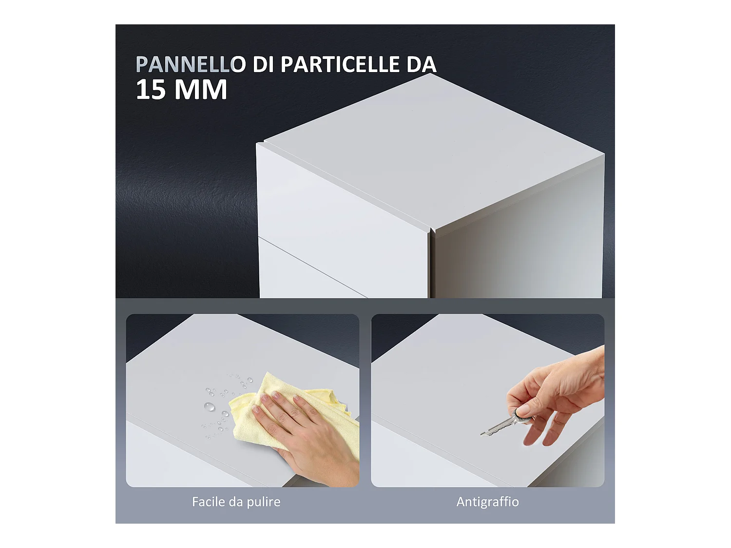 Comodino a led con telecomando e 3 cassetti bianco lucido