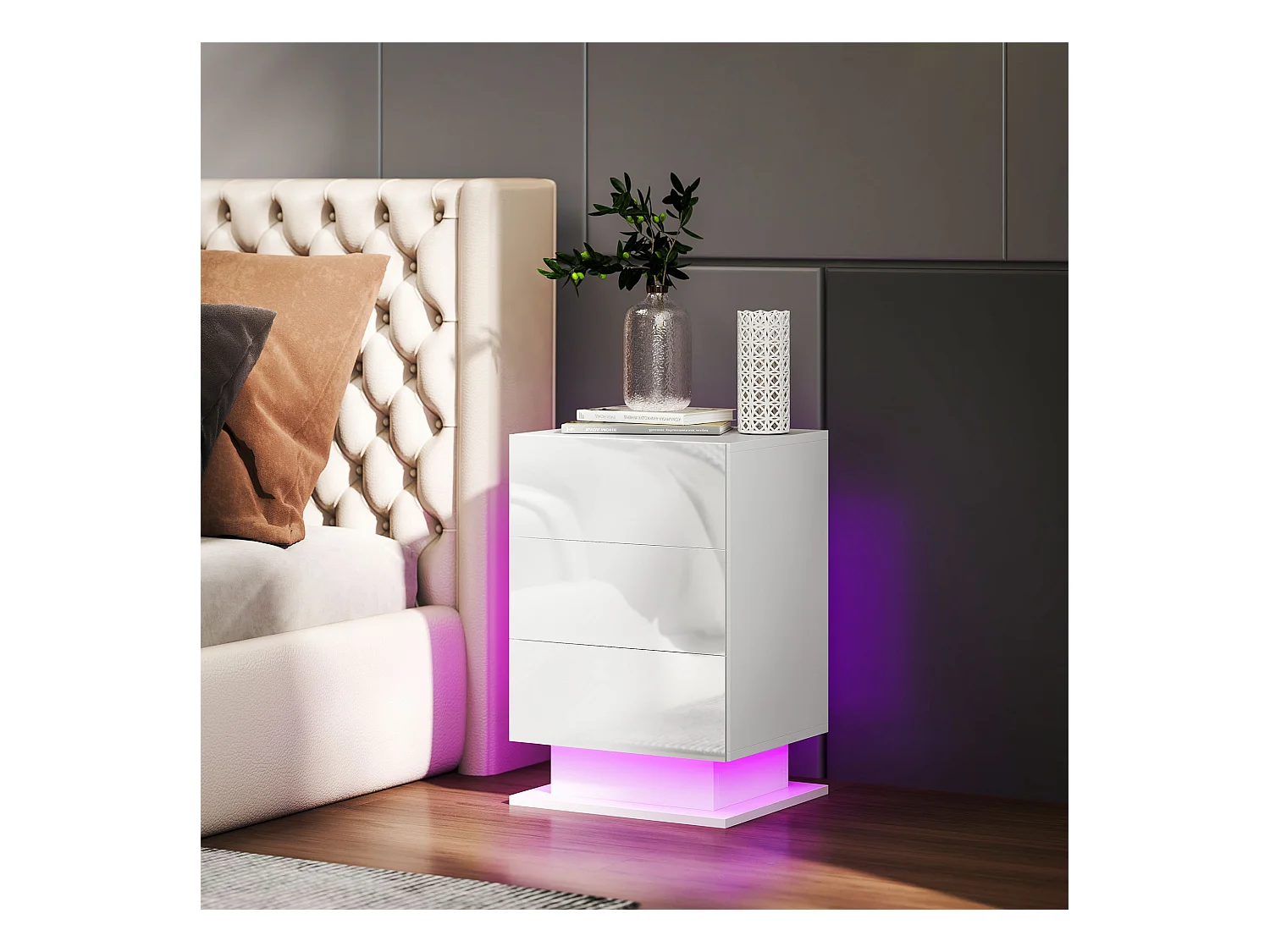 Comodino a led con telecomando e 3 cassetti bianco lucido