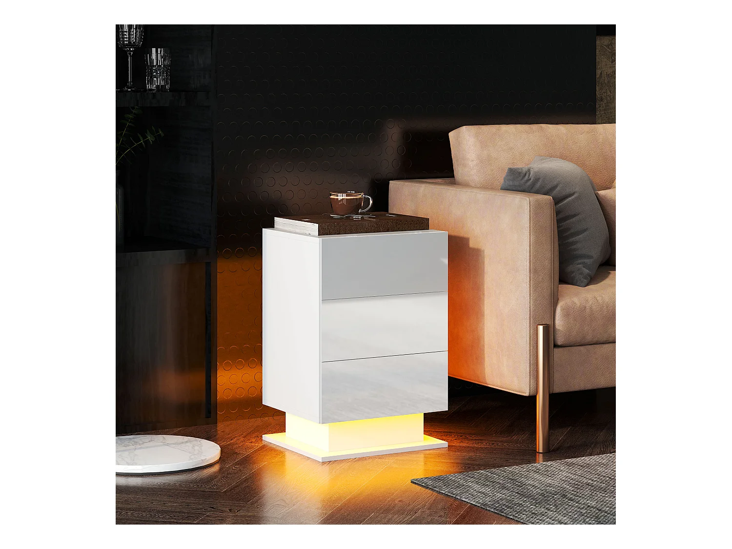 Comodino a led con telecomando e 3 cassetti bianco lucido