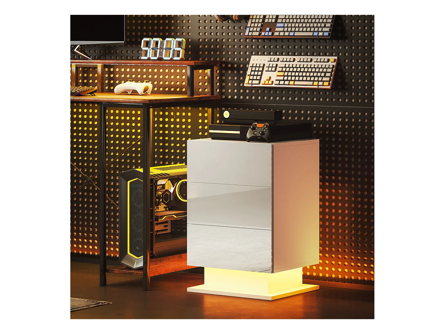 Comodino a led con telecomando e 3 cassetti bianco lucido