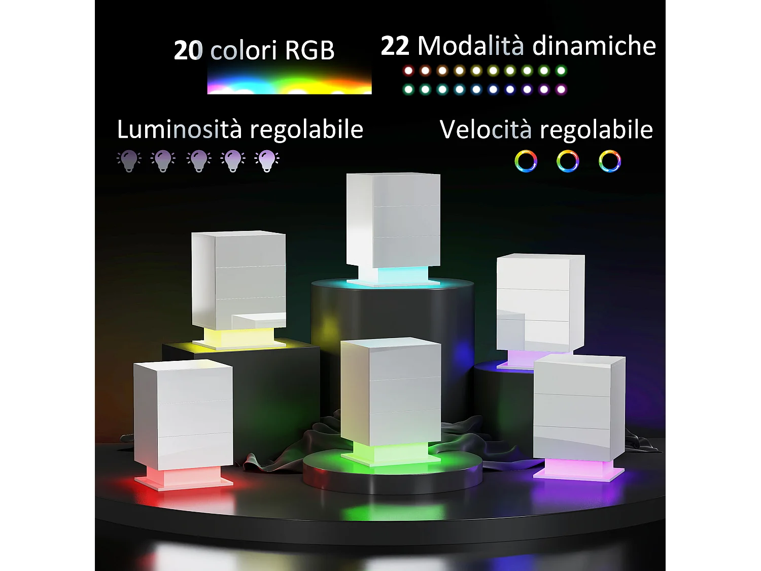 Comodino a led con telecomando e 3 cassetti bianco lucido