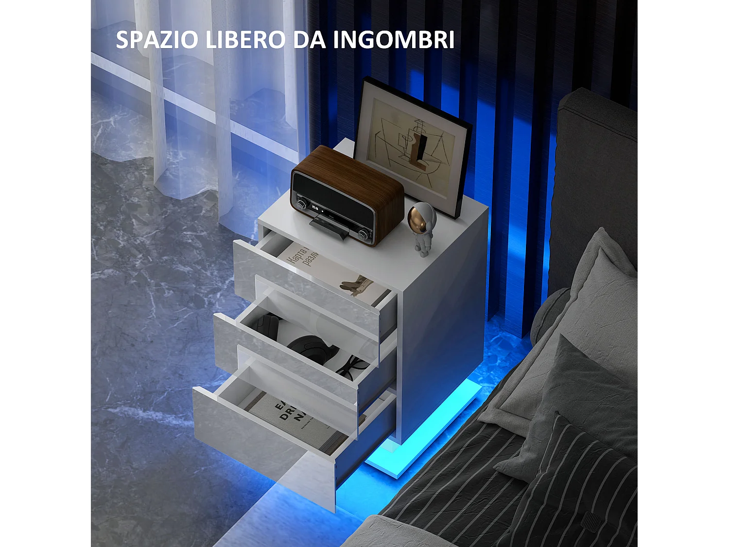 Comodino a led con telecomando e 3 cassetti bianco lucido