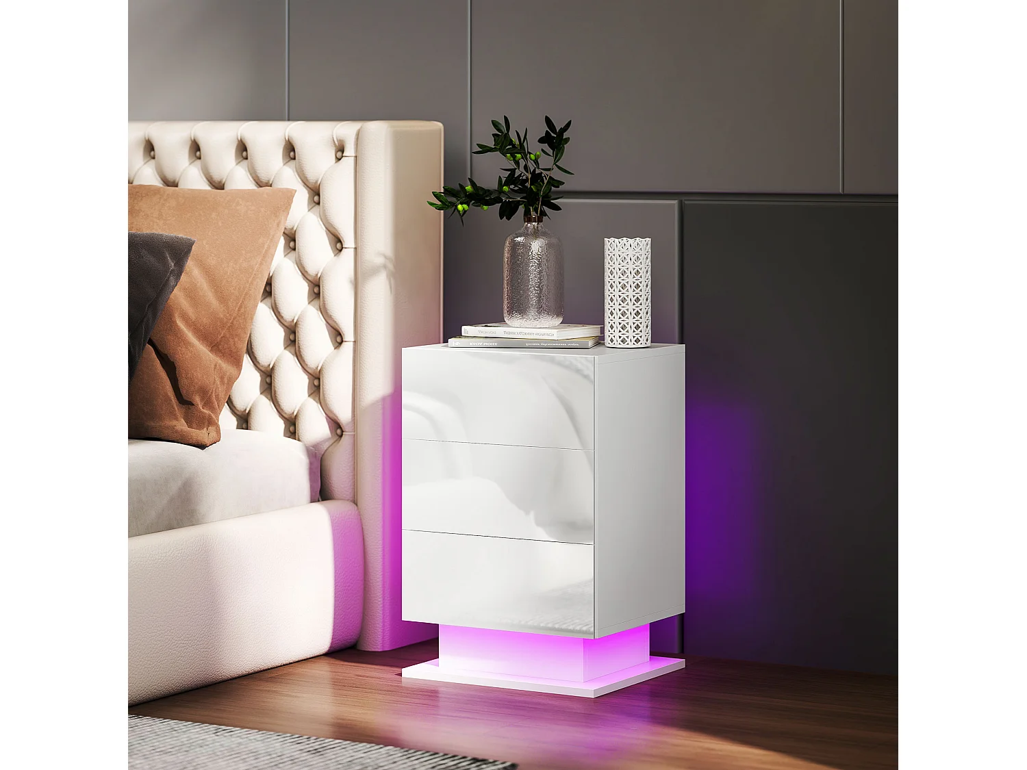 Comodino a led con telecomando e 3 cassetti bianco lucido