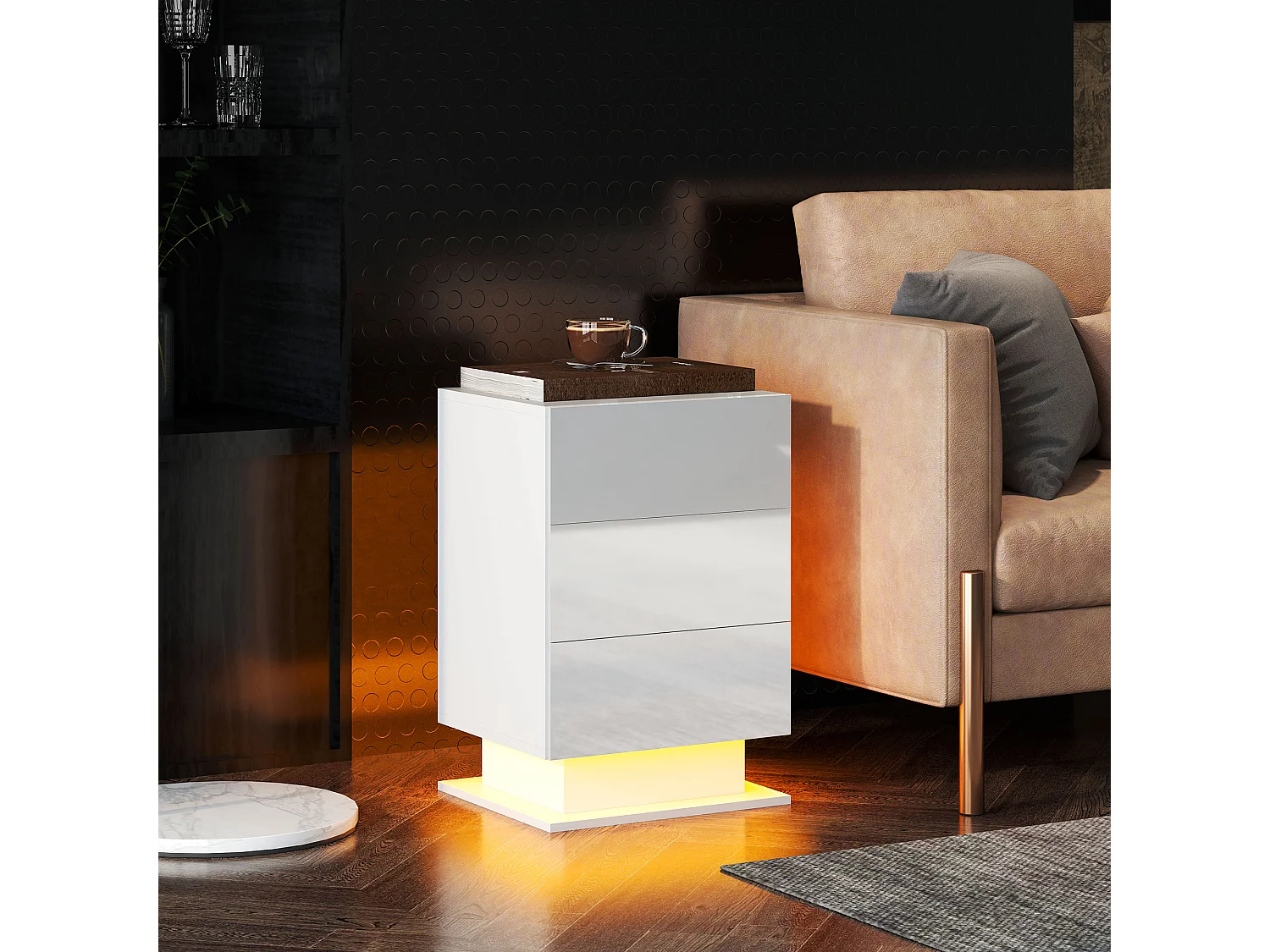 Comodino a led con telecomando e 3 cassetti bianco lucido