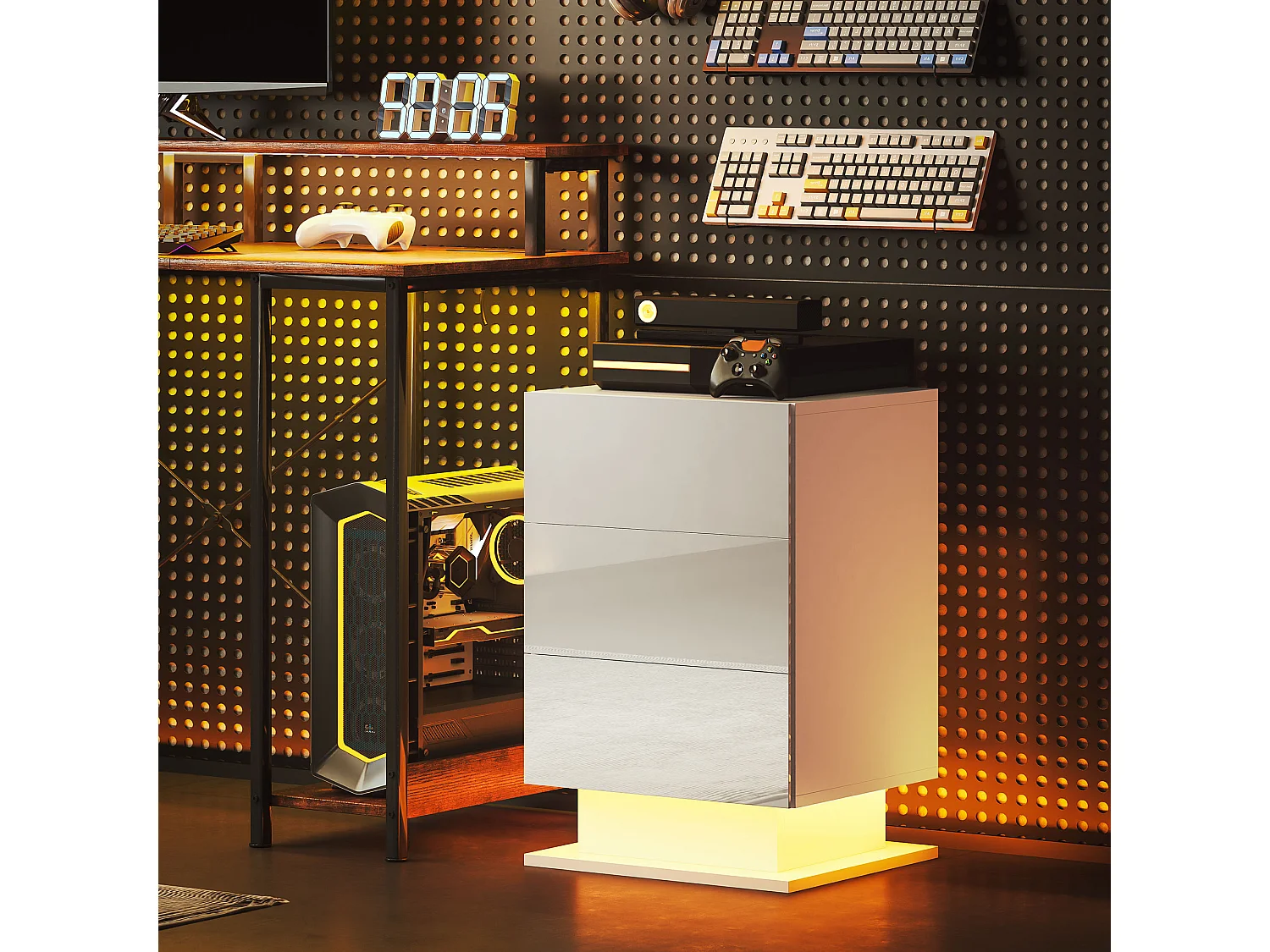 Comodino a led con telecomando e 3 cassetti bianco lucido