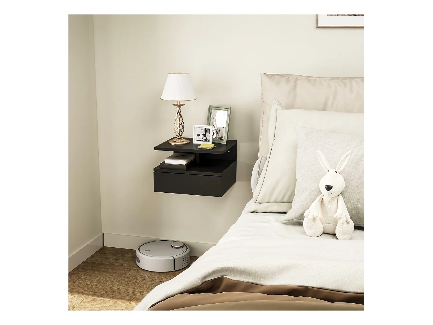 Comodino sospeso moderno con cassetto e mensola nero