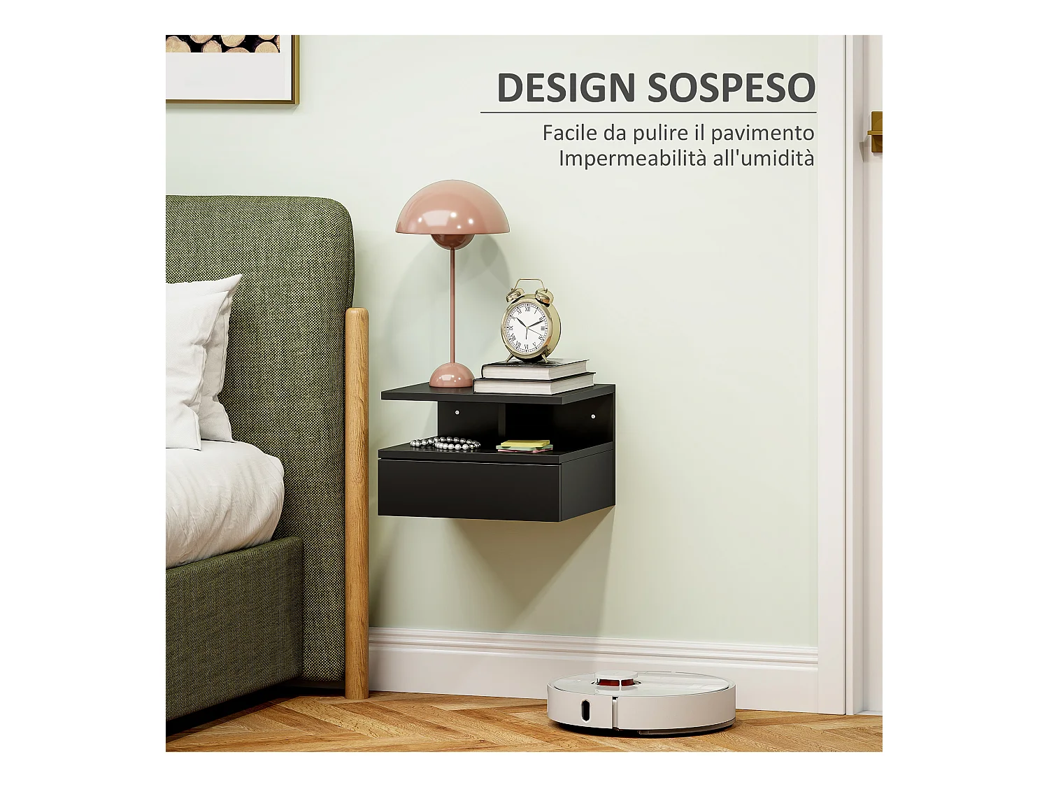 Comodino sospeso moderno con cassetto e mensola nero