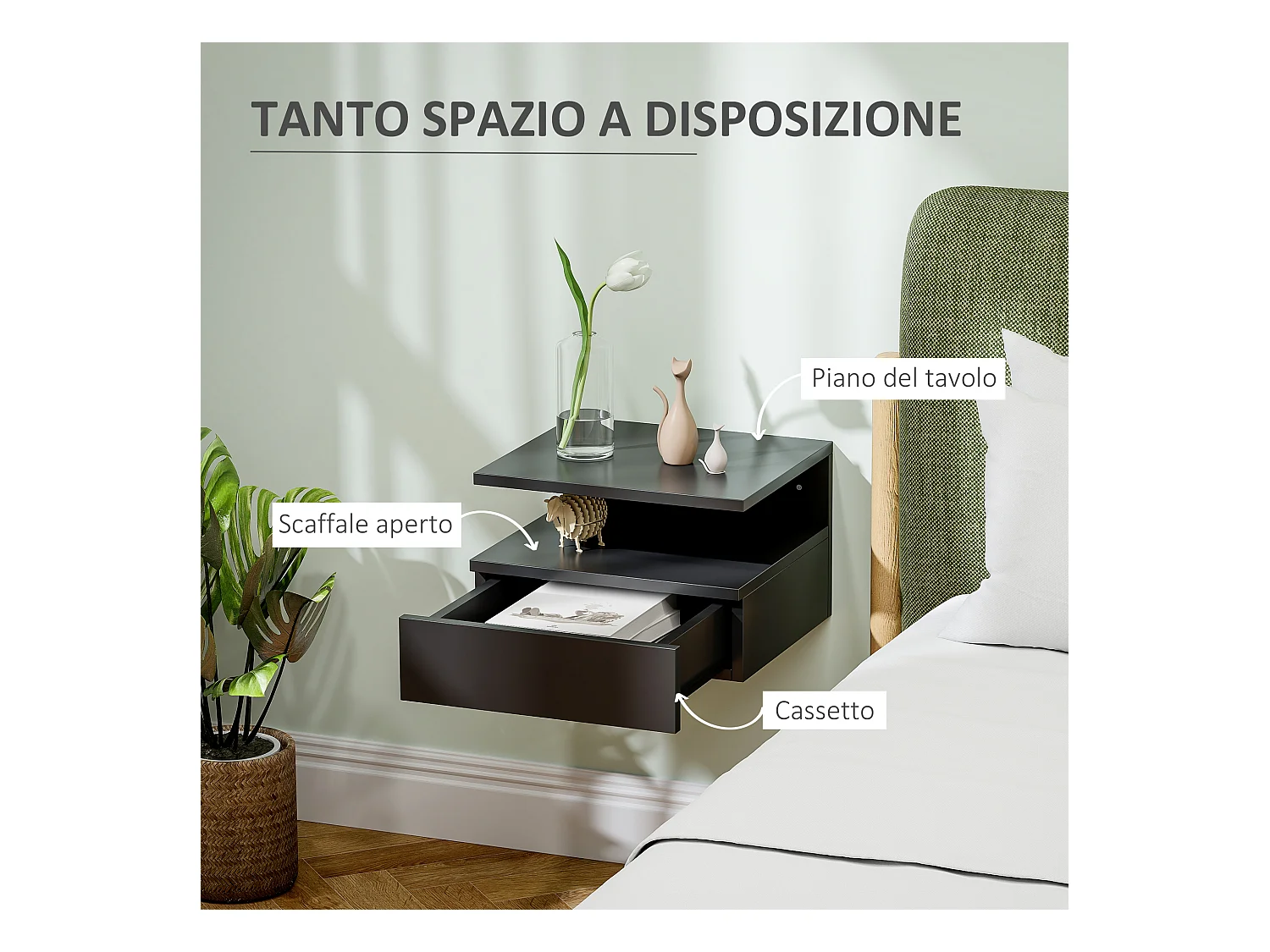 Comodino sospeso moderno con cassetto e mensola nero