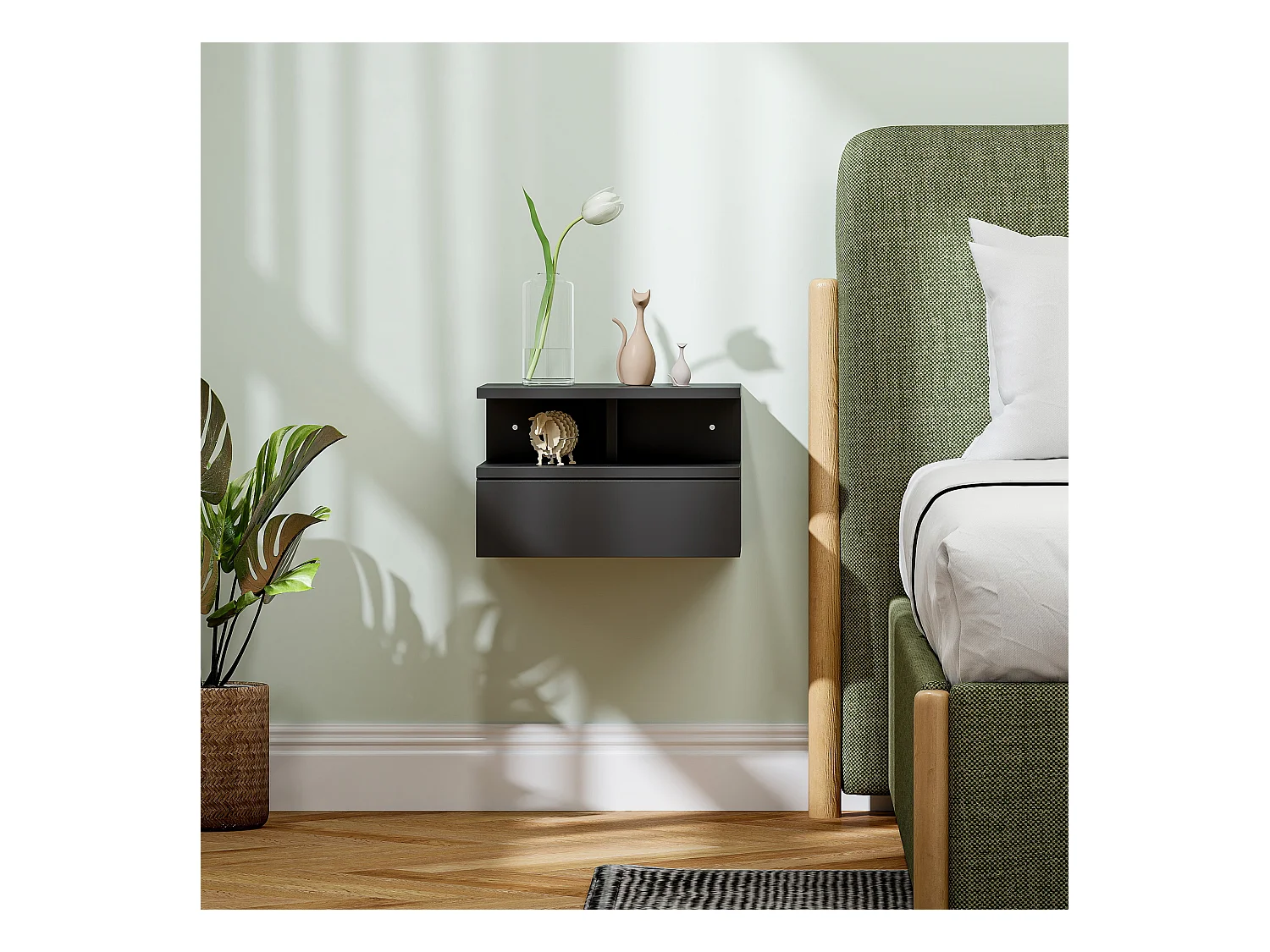 Comodino sospeso moderno con cassetto e mensola nero