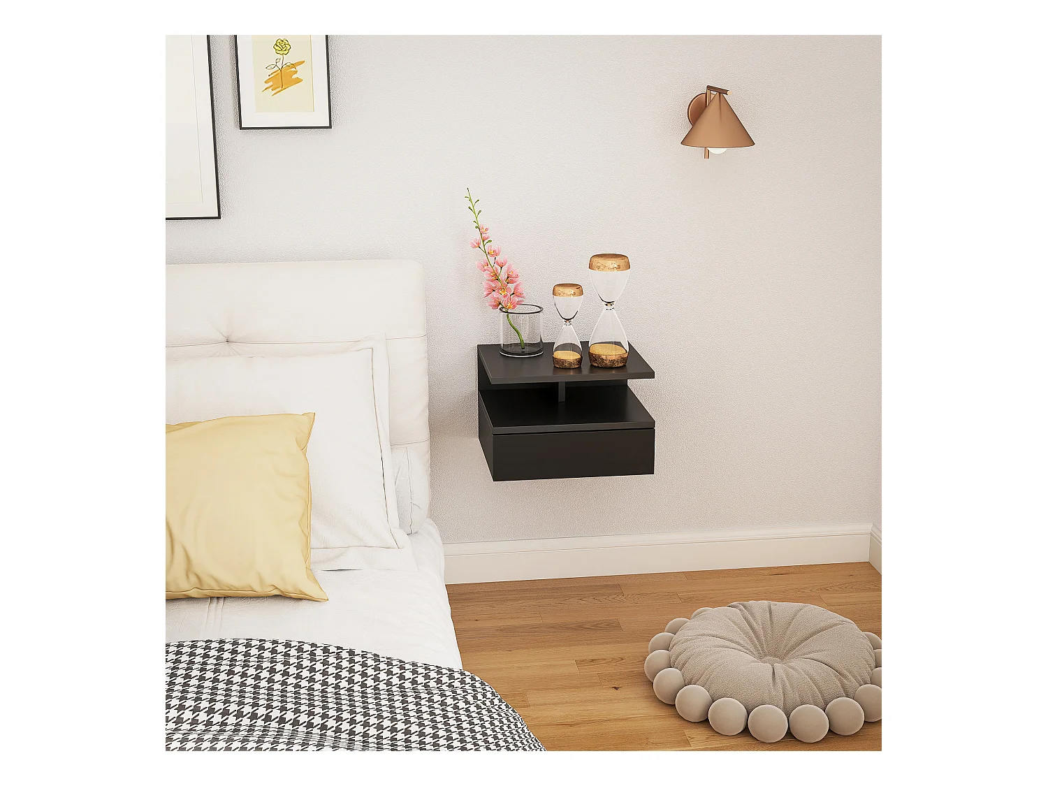 Comodino sospeso moderno con cassetto e mensola nero