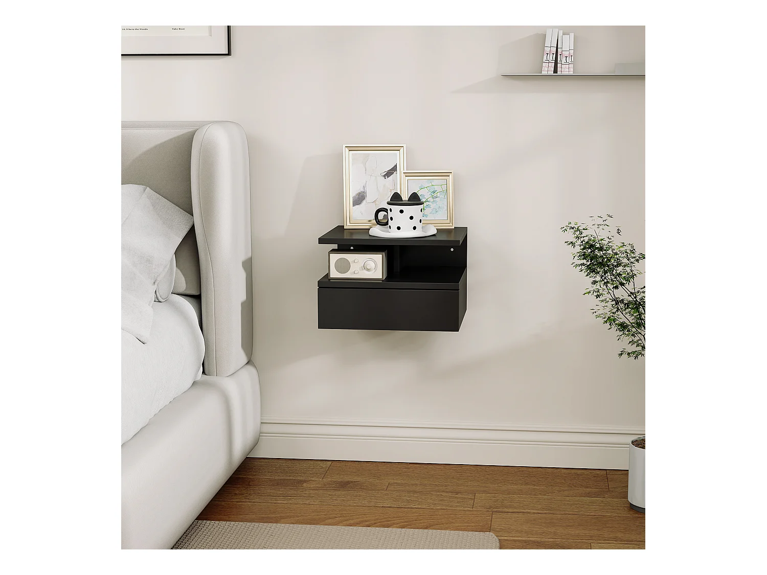 Comodino sospeso moderno con cassetto e mensola nero