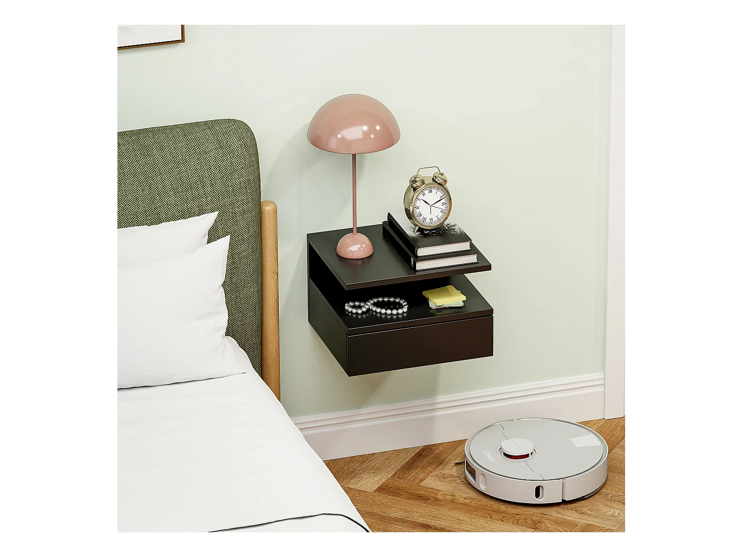 Comodino sospeso moderno con cassetto e mensola nero