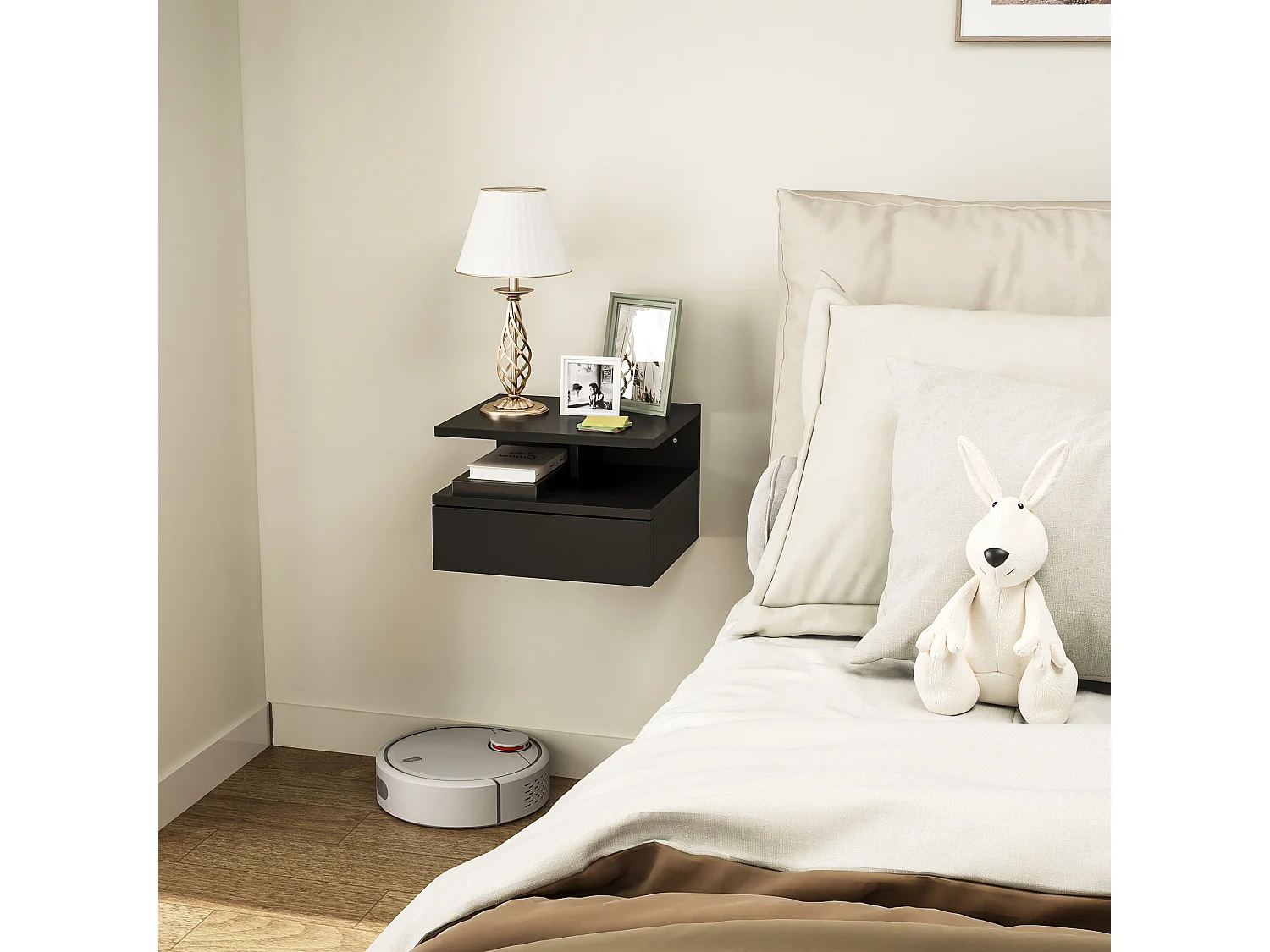 Comodino sospeso moderno con cassetto e mensola nero