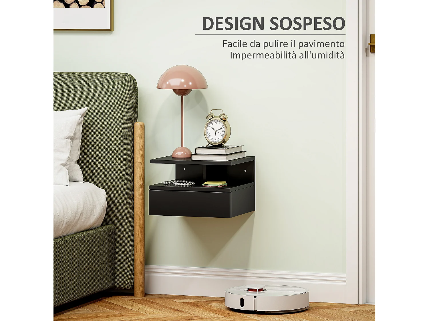 Comodino sospeso moderno con cassetto e mensola nero