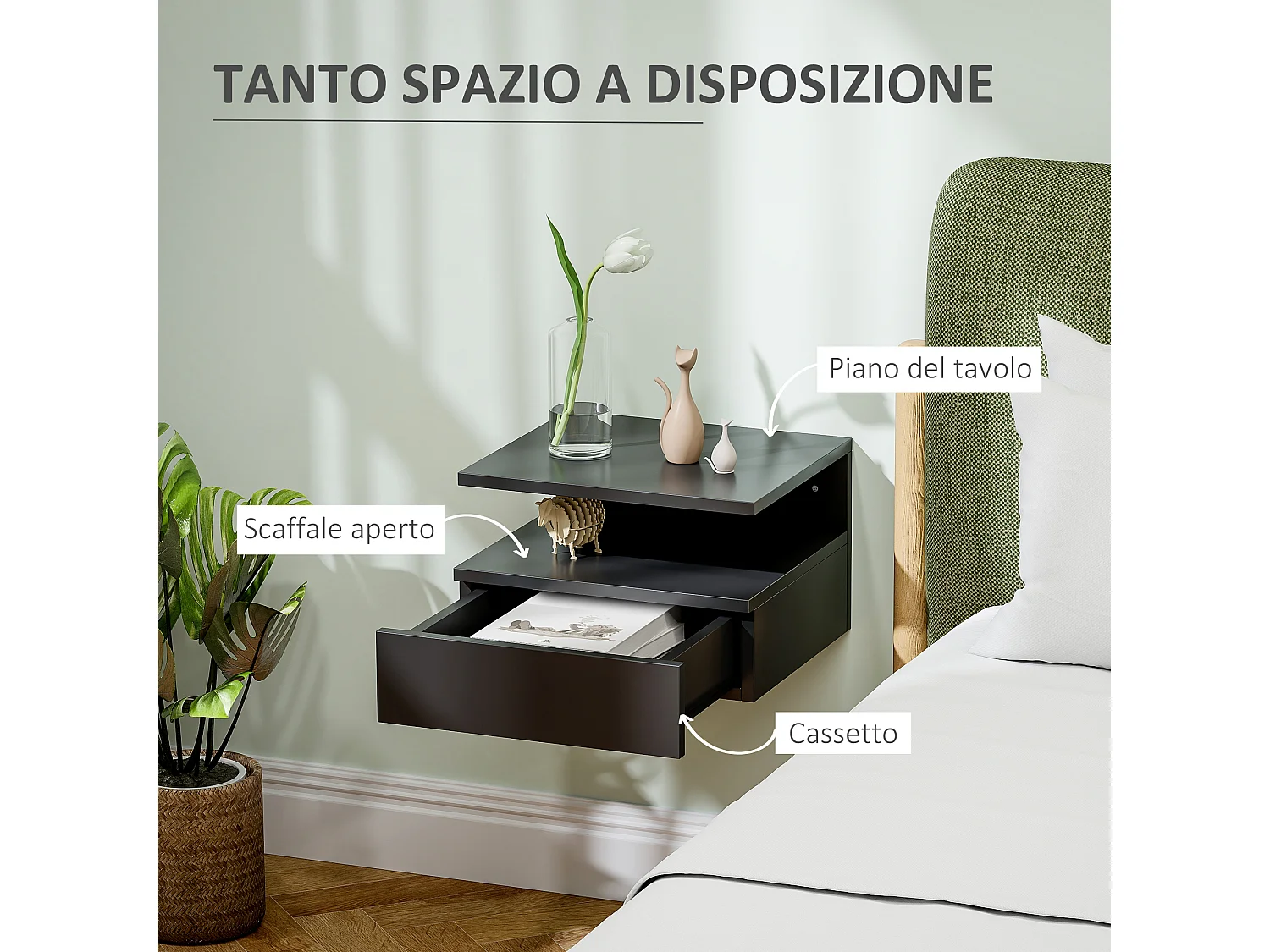 Comodino sospeso moderno con cassetto e mensola nero