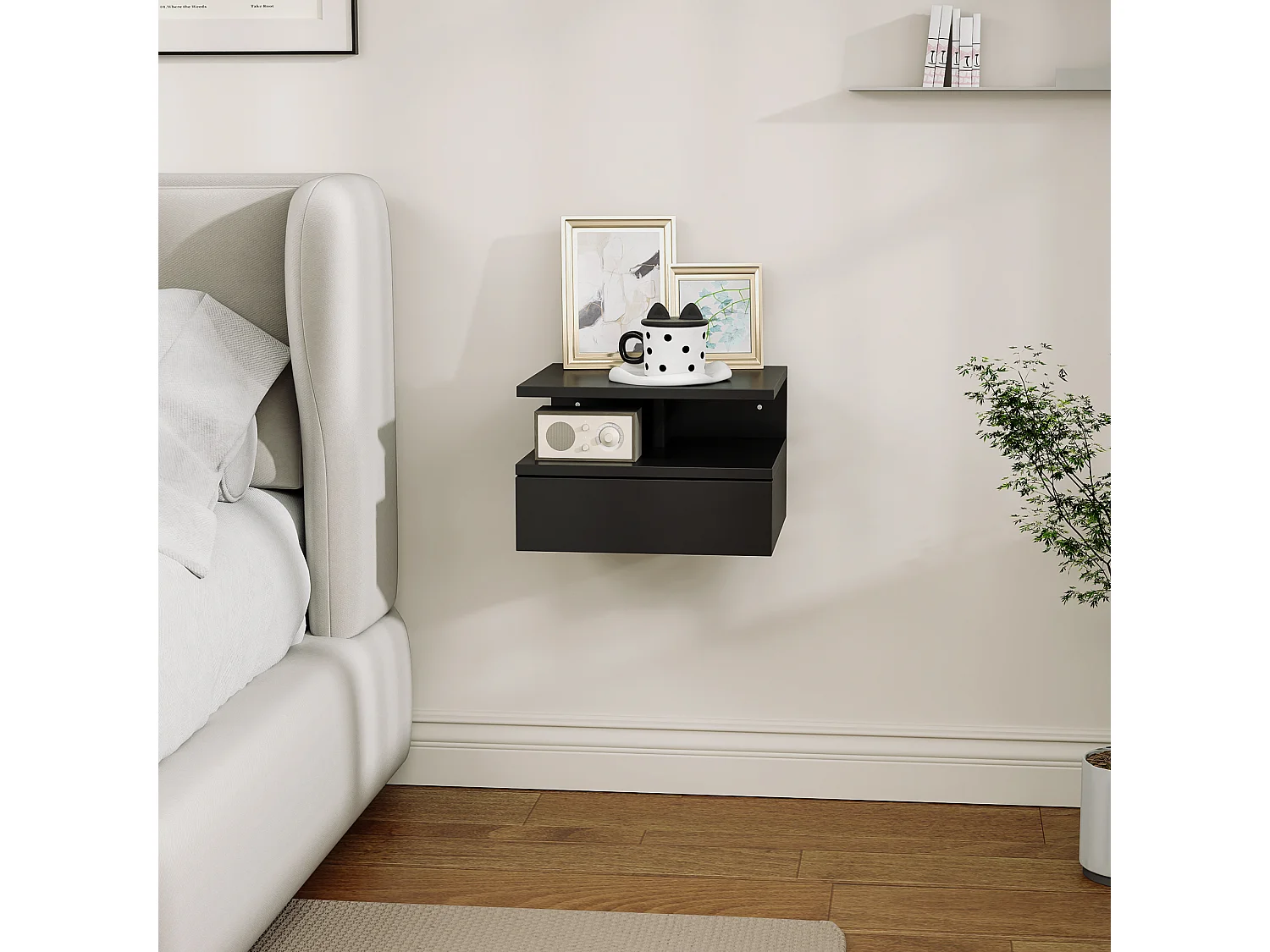 Comodino sospeso moderno con cassetto e mensola nero