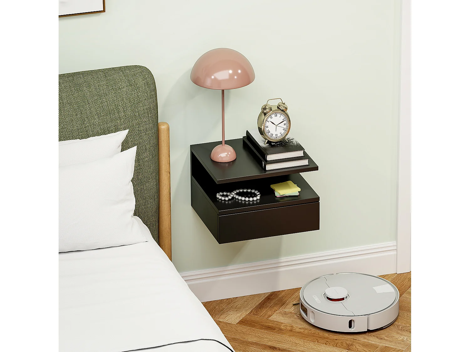 Comodino sospeso moderno con cassetto e mensola nero