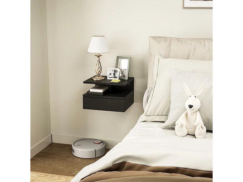 Comodino sospeso moderno con cassetto e mensola nero