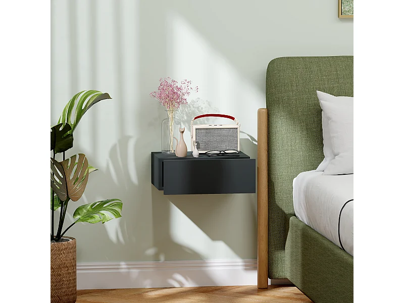 Comodino con cassetto dal design sospeso moderno in truciolato nero