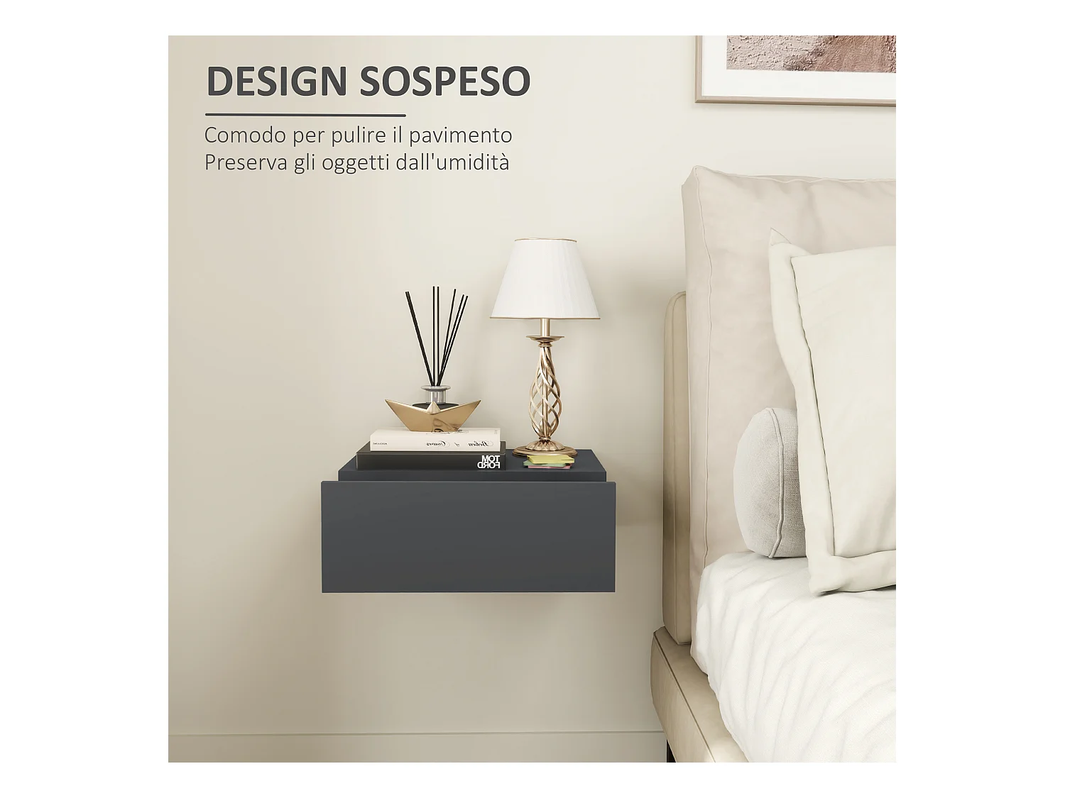 Comodino con cassetto dal design sospeso moderno in truciolato nero