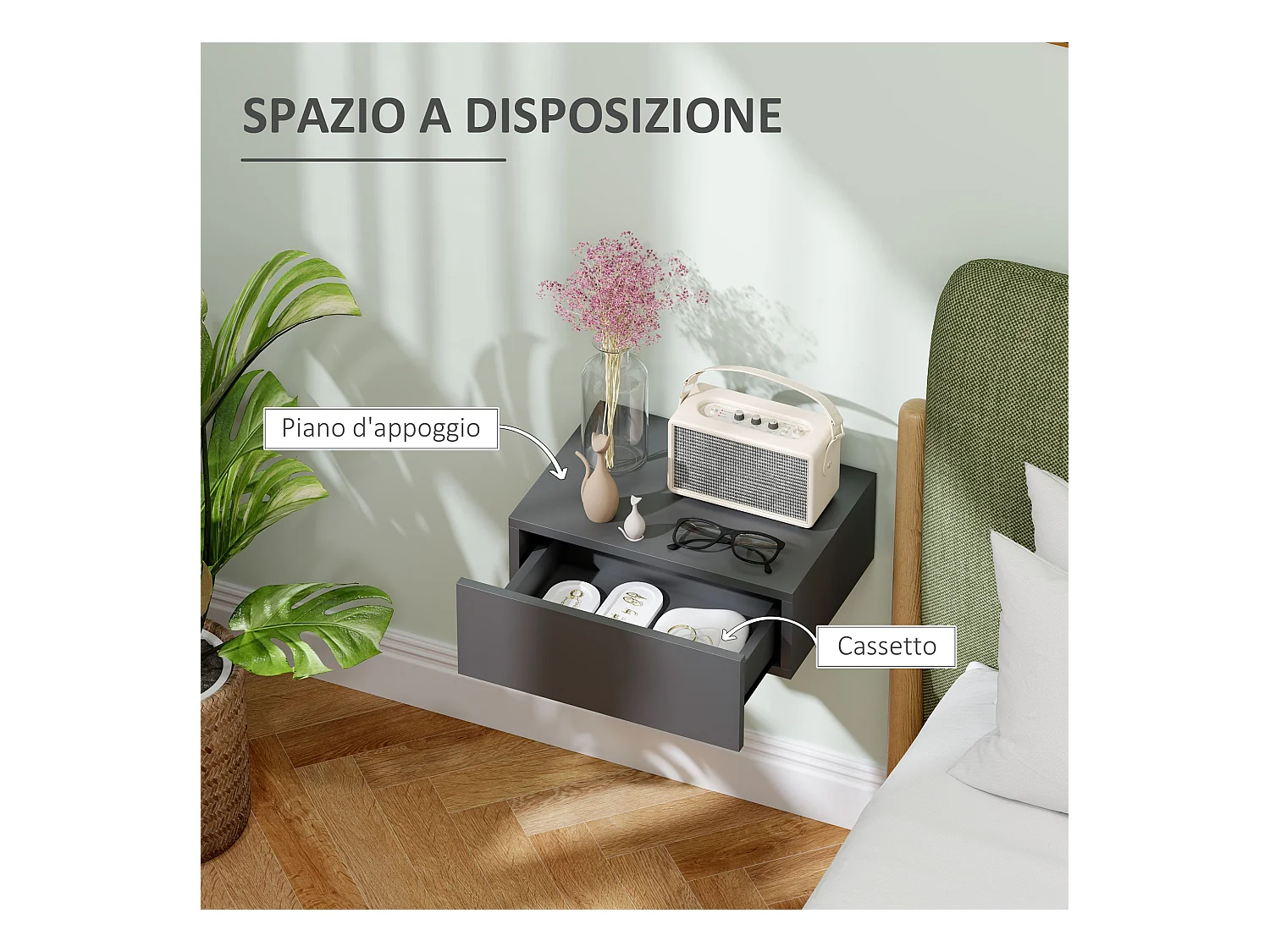 Comodino con cassetto dal design sospeso moderno in truciolato nero