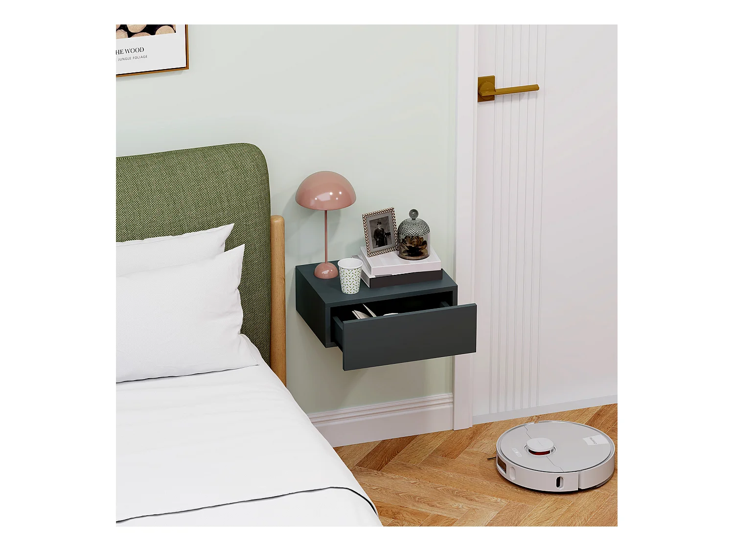 Comodino con cassetto dal design sospeso moderno in truciolato nero