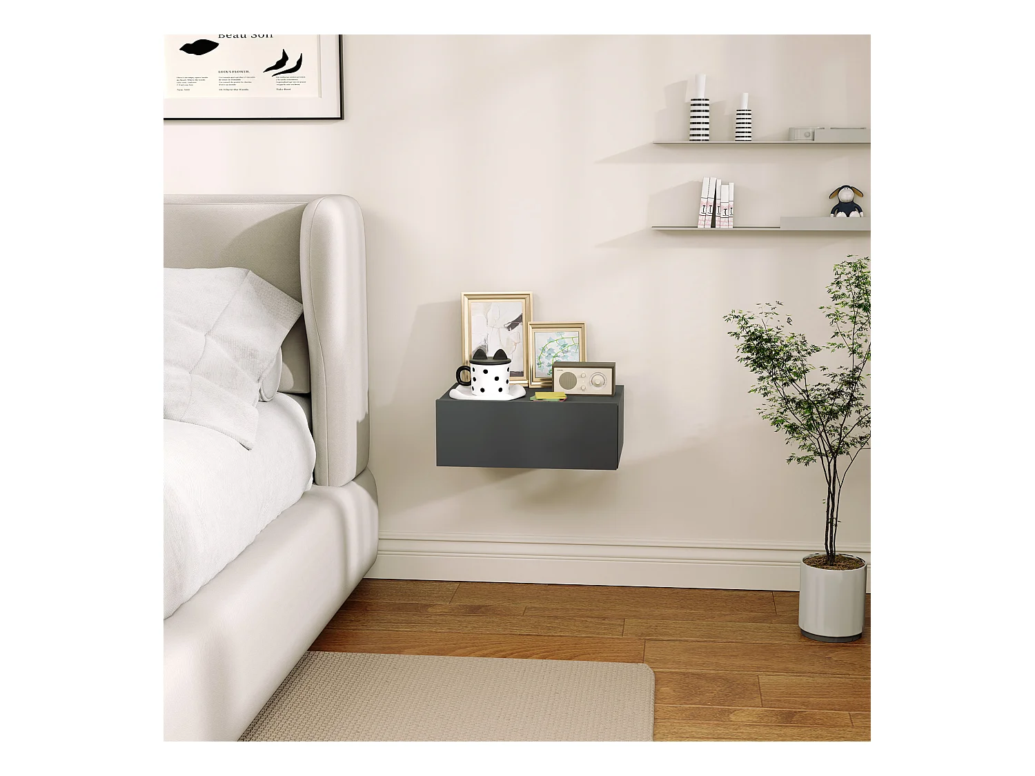 Comodino con cassetto dal design sospeso moderno in truciolato nero