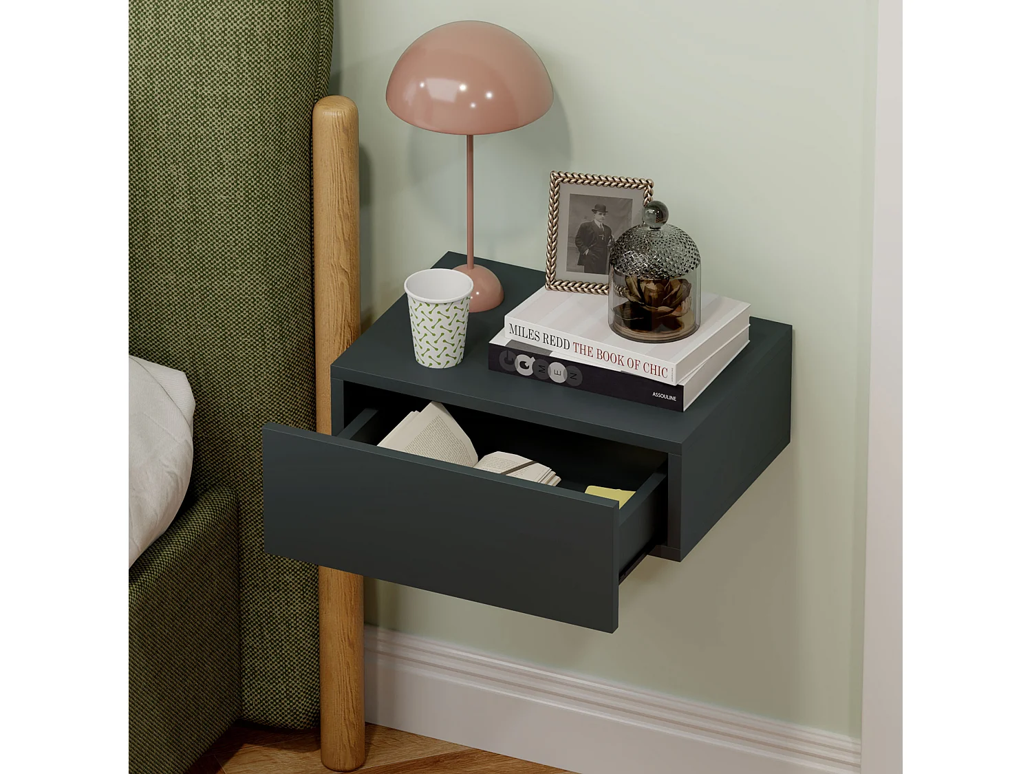 Comodino con cassetto dal design sospeso moderno in truciolato nero