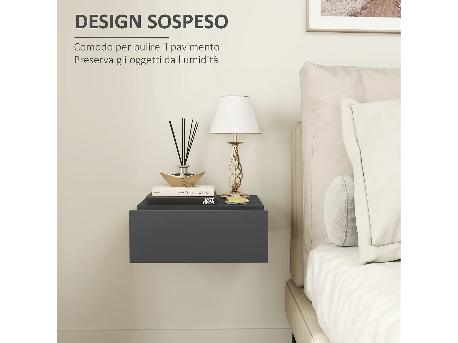 Comodino con cassetto dal design sospeso moderno in truciolato nero