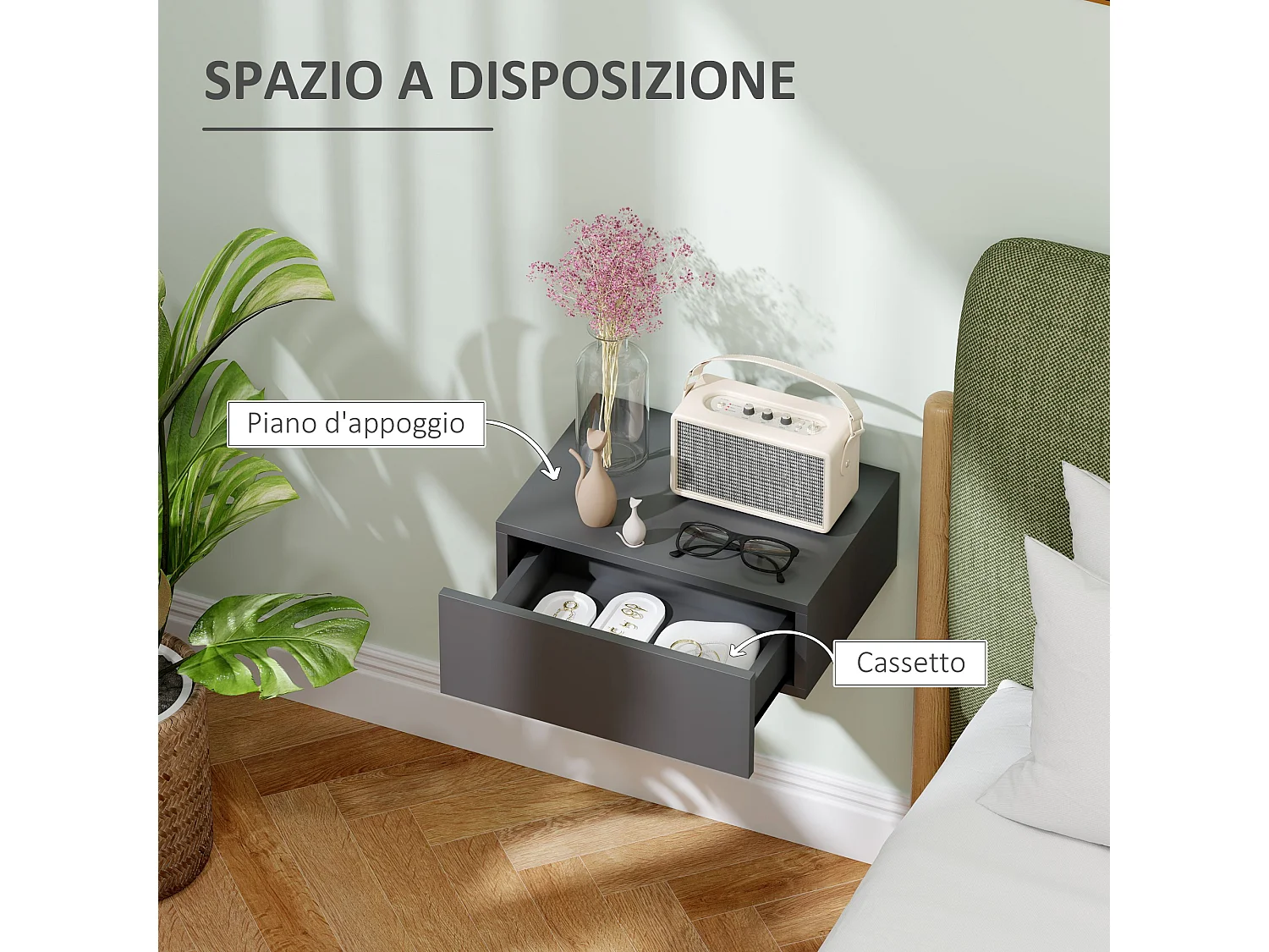 Comodino con cassetto dal design sospeso moderno in truciolato nero