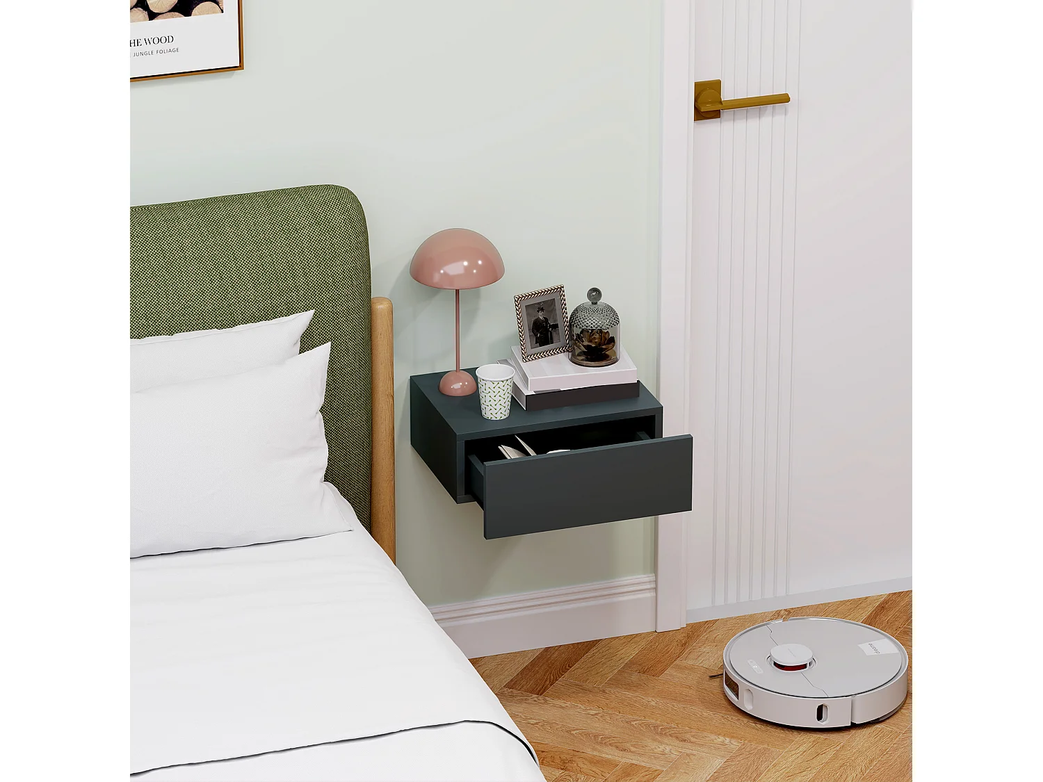 Comodino con cassetto dal design sospeso moderno in truciolato nero